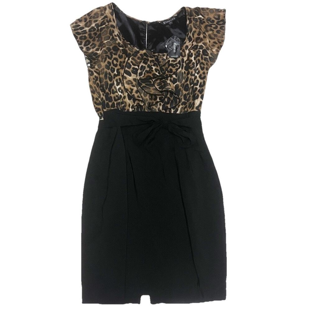 NWT Express Women's Brown Animal Print Midi Dress W Pencil Bottom SZ 4